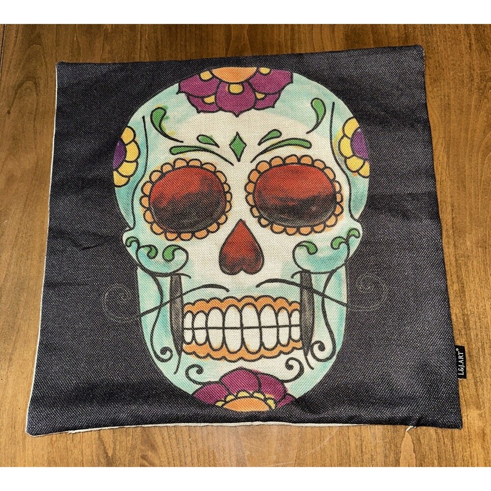 Day of the Dead Sugar Skull Black Heart Nose Pillow Cover Diade Muertos 17 X17